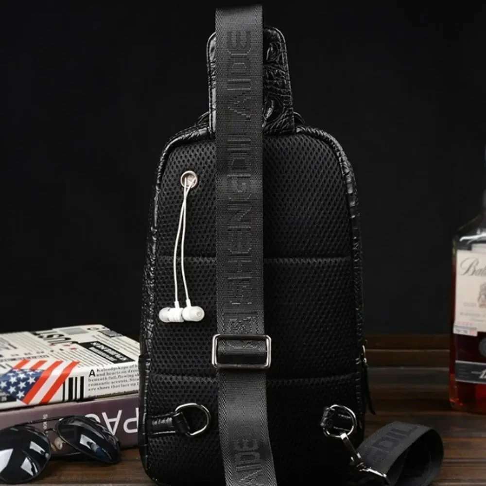 Men's PU Leather Crocodile Pattern Chest Bag Sling Backpack Crossbody Travel Bag